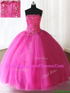 Cute Strapless Sleeveless Sweet 16 Dress Floor Length Beading Hot Pink Tulle