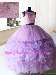 Simple Scoop Sleeveless Sweet 16 Dress Floor Length Beading and Ruffles Lilac Organza and Tulle