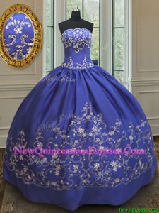 Fashionable Royal Blue Ball Gowns Taffeta Strapless Sleeveless Embroidery and Bowknot Floor Length Lace Up Quinceanera Dresses