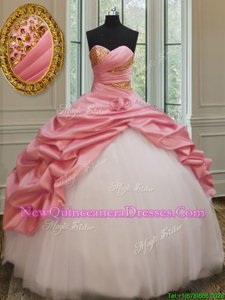 Artistic Taffeta and Tulle Sweetheart Sleeveless Lace Up Beading and Pick Ups and Hand Made Flower Sweet 16 Quinceanera Dress in White