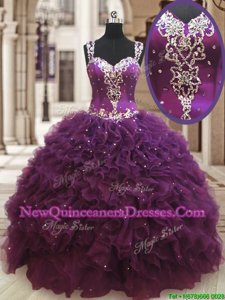 Flirting Straps Straps Sleeveless Floor Length Beading and Ruffles Zipper Sweet 16 Dresses with Dark Purple