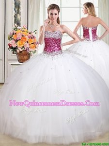 High Class Spring and Summer and Fall and Winter Tulle Sleeveless Floor Length Quinceanera Gowns andBeading