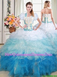 Eye-catching Multi-color Organza Lace Up Sweetheart Sleeveless With Train Quinceanera Gown Brush Train Beading and Appliques and Ruffles