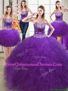 Discount Four Piece Sleeveless Beading and Ruffles Lace Up Quinceanera Gown