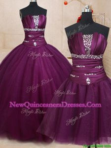 Three Piece Sleeveless Tulle Floor Length Lace Up Quinceanera Gown inDark Purple withBeading