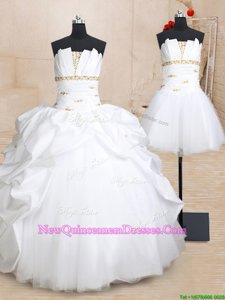 Fine Three Piece White Quinceanera Dress Military Ball and Sweet 16 and Quinceanera and For withBeading and Pick Ups Strapless Sleeveless Lace Up