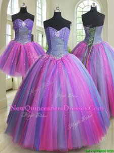 Custom Designed Three Piece Multi-color Tulle Lace Up Sweet 16 Quinceanera Dress Sleeveless Floor Length Beading