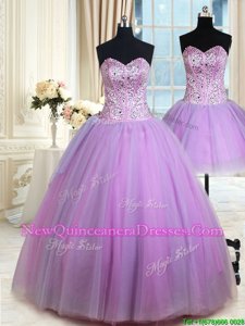 Fabulous Three Piece Sleeveless Floor Length Beading Lace Up Vestidos de Quinceanera with Lavender