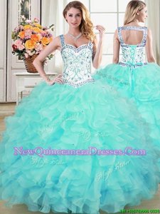 Excellent Straps Sleeveless Quince Ball Gowns Floor Length Beading and Lace and Ruffles Aqua Blue Organza