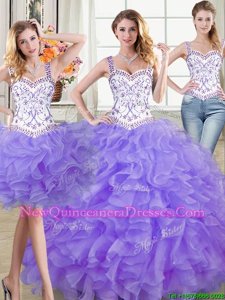 On Sale Straps Straps Sleeveless Floor Length Beading and Lace and Ruffles Lace Up Quinceanera Gown with Lavender