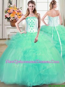 Charming Sleeveless Lace Up Floor Length Beading and Appliques and Ruffles 15th Birthday Dress