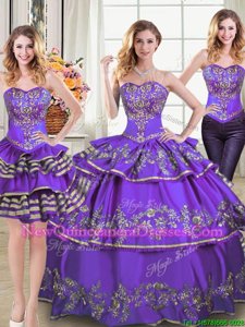 Vintage Three Piece Sweetheart Sleeveless Sweet 16 Quinceanera Dress Floor Length Embroidery and Ruffled Layers Eggplant Purple Taffeta