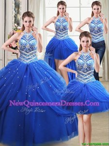 Modest Four Piece Halter Top Pick Ups Floor Length Ball Gowns Sleeveless Royal Blue Vestidos de Quinceanera Lace Up