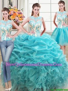 Best Three Piece Aqua Blue Ball Gowns Scoop Sleeveless Organza Floor Length Lace Up Beading and Ruffles 15th Birthday Dress