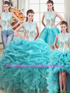 Decent Four Piece Scoop Spring and Summer and Fall and Winter Organza Sleeveless Floor Length Ball Gown Prom Dress andBeading and Ruffles