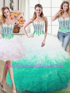 Fashionable Three Piece White and Green Ball Gowns Beading and Ruffles Sweet 16 Quinceanera Dress Lace Up Organza Sleeveless Floor Length