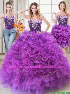 Simple Three Piece Sleeveless Beading and Ruffles Lace Up 15th Birthday Dress