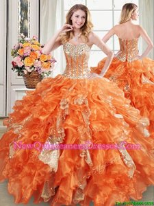 Sumptuous Organza Sweetheart Sleeveless Lace Up Beading and Ruffles and Sequins 15 Quinceanera Dress inOrange