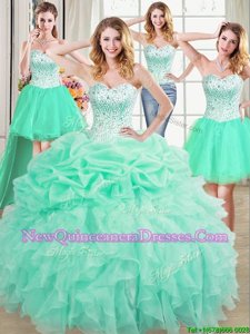 Most Popular Four Piece Apple Green Ball Gowns Sweetheart Sleeveless Organza Floor Length Lace Up Beading and Ruffles and Pick Ups Quince Ball Gowns