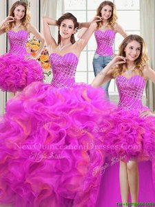 Charming Four Piece Multi-color Sleeveless Floor Length Beading and Ruffles Lace Up Quince Ball Gowns