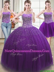 Sophisticated Three Piece Tulle Sweetheart Sleeveless Lace Up Beading Quinceanera Gowns inPurple