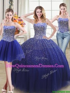 Extravagant Three Piece Royal Blue Ball Gowns Sweetheart Sleeveless Tulle Floor Length Lace Up Beading 15 Quinceanera Dress