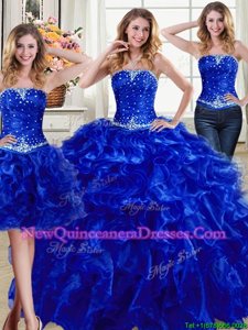 Cute Three Piece Royal Blue Organza Lace Up Vestidos de Quinceanera Sleeveless Floor Length Beading and Ruffles