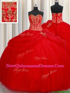 Delicate Beading and Pick Ups Ball Gown Prom Dress Red Lace Up Sleeveless Floor Length