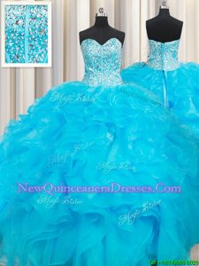 Edgy Baby Blue Organza Lace Up Sweetheart Sleeveless Floor Length Vestidos de Quinceanera Beading and Ruffles