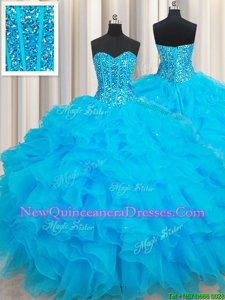 Chic Organza Sweetheart Sleeveless Lace Up Beading and Ruffles Ball Gown Prom Dress inBaby Blue