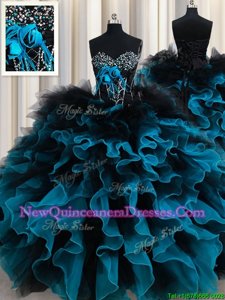 Captivating Black and Blue Vestidos de Quinceanera Military Ball and Sweet 16 and Quinceanera and For withBeading and Ruffles and Hand Made Flower Sweetheart Sleeveless Lace Up