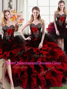 Four Piece Black and Red Ball Gowns Sweetheart Sleeveless Organza and Tulle Floor Length Lace Up Beading and Ruffles and Hand Made Flower Sweet 16 Quinceanera Dress