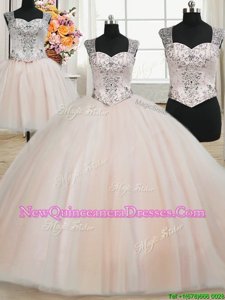 Elegant Three Piece Pink Zipper Straps Beading 15th Birthday Dress Tulle Sleeveless