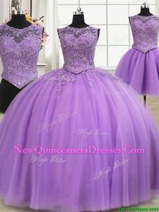 Discount Three Piece Lilac Scoop Lace Up Beading and Appliques Quinceanera Dress Sleeveless