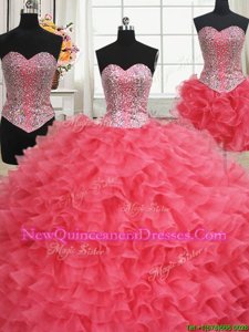 Shining Three Piece Coral Red Sweetheart Neckline Beading and Ruffles Sweet 16 Dress Sleeveless Lace Up