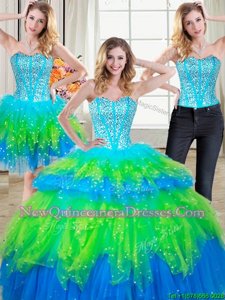 Beautiful Three Piece Beading and Ruffled Layers Quince Ball Gowns Multi-color Lace Up Sleeveless Floor Length