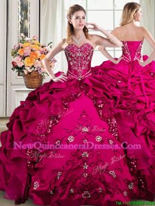 Eye-catching Organza and Taffeta Sweetheart Sleeveless Lace Up Beading and Embroidery and Pick Ups Quinceanera Dresses inFuchsia