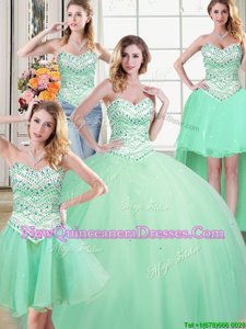 Modern Four Piece Apple Green Lace Up Sweetheart Beading 15 Quinceanera Dress Tulle Sleeveless