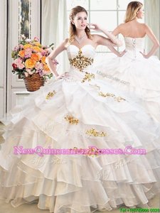 White Ball Gown Prom Dress Military Ball and Sweet 16 and Quinceanera and For withBeading and Ruffles Sweetheart Sleeveless Lace Up