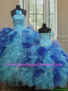 Custom Fit Blue Sleeveless Floor Length Beading and Ruffles Lace Up Quinceanera Dress