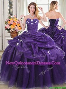 On Sale Pick Ups Purple Sleeveless Organza Lace Up Quince Ball Gowns for Military Ball and Sweet 16 and Quinceanera