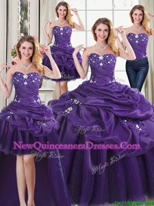 Customized Four Piece Floor Length Purple Quinceanera Dresses Organza Sleeveless Spring and Summer and Fall and Winter Beading and Appliques and Pick Ups