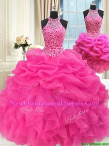 Admirable Three Piece Halter Top Floor Length Lace Up Ball Gown Prom Dress Hot Pink and In for Military Ball and Sweet 16 and Quinceanera withBeading and Ruffles and Pick Ups