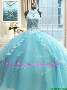 Inexpensive Halter Top Aqua Blue Sleeveless Beading and Lace and Appliques Floor Length Sweet 16 Dress