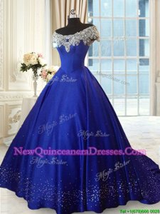 Excellent Royal Blue Quinceanera Dresses Off The Shoulder Cap Sleeves Lace Up