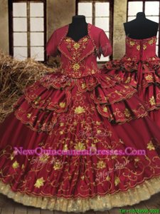 Adorable Sleeveless Floor Length Beading and Embroidery and Ruffled Layers Lace Up Quinceanera Dresses with Wine Red