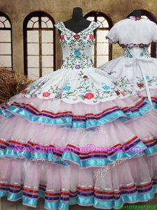 Enchanting White Ball Gowns Straps Sleeveless Organza and Taffeta Floor Length Lace Up Embroidery and Ruffled Layers Sweet 16 Dress