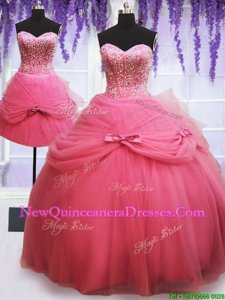 Suitable Three Piece Watermelon Red Sleeveless Floor Length Beading and Bowknot Lace Up Quinceanera Gowns