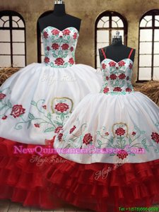 Ideal EmbroideryRuffled Floor Length White and Red Vestidos de Quinceanera Organza Sleeveless Spring and Summer and Fall and Winter Embroidery and Ruffled Layers