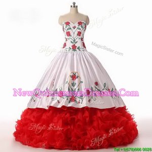 Inexpensive Ruffled Floor Length Ball Gowns Sleeveless White and Red Sweet 16 Quinceanera Dress Lace Up